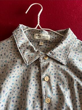 Peter Millar Light Gray Polo with Blue Micro-Print